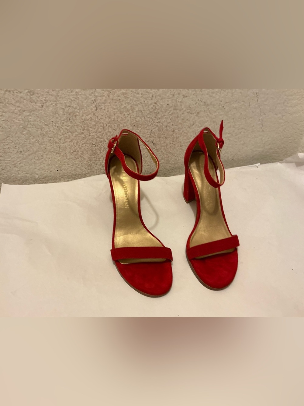 Stuart Weitzman Red Suede Ankle-Strap Block Heel Sandals 7N